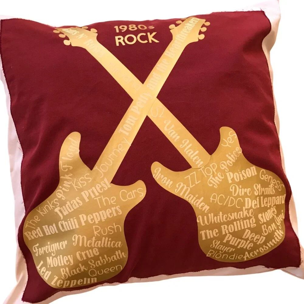 Handmade Pillow Cover, 1980s Rock Bands Guitars Music Room Decor 18 x 18 inches